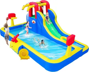 Inflatable Water Park with Blower, Bouncy Castle with Water Cannon and Double Basketball Rings