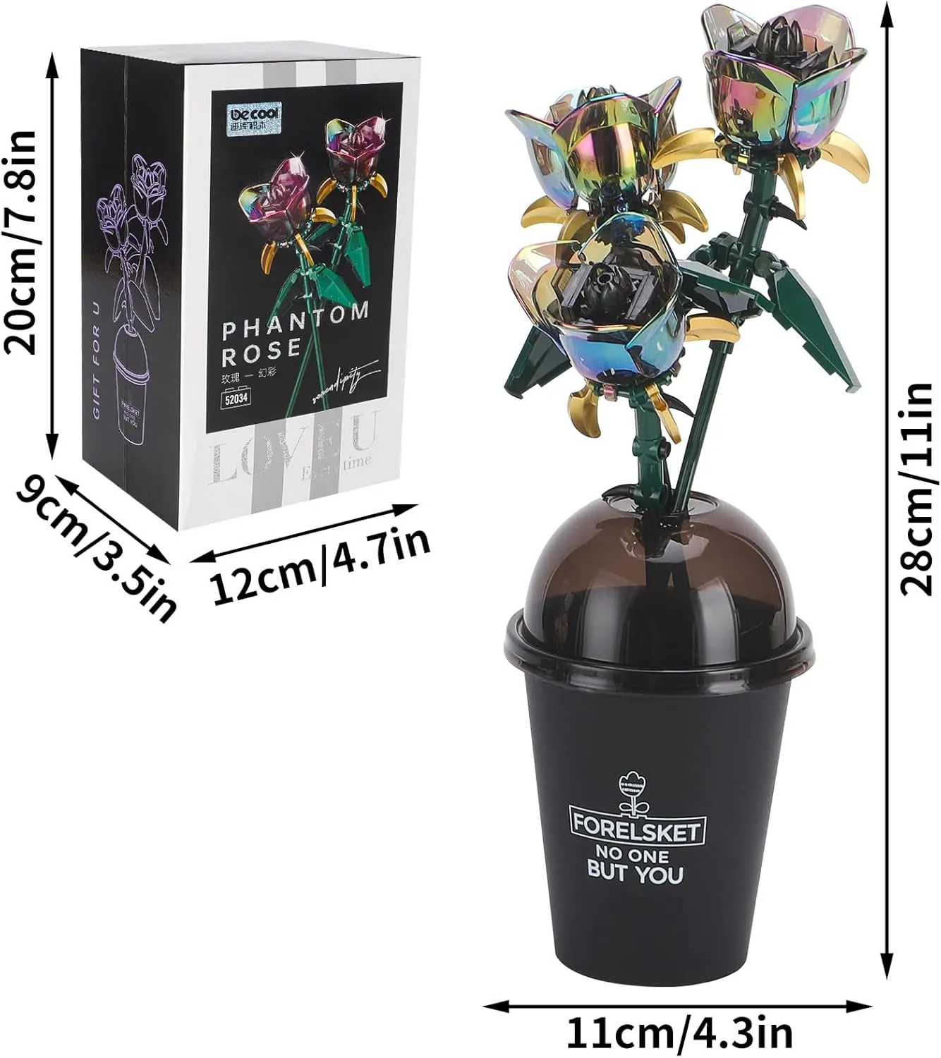 Iridescent DIY Block Toy Roses Trio with Unique Coffee Cup Vase: The Perfect Creative Gift for Loved Ones