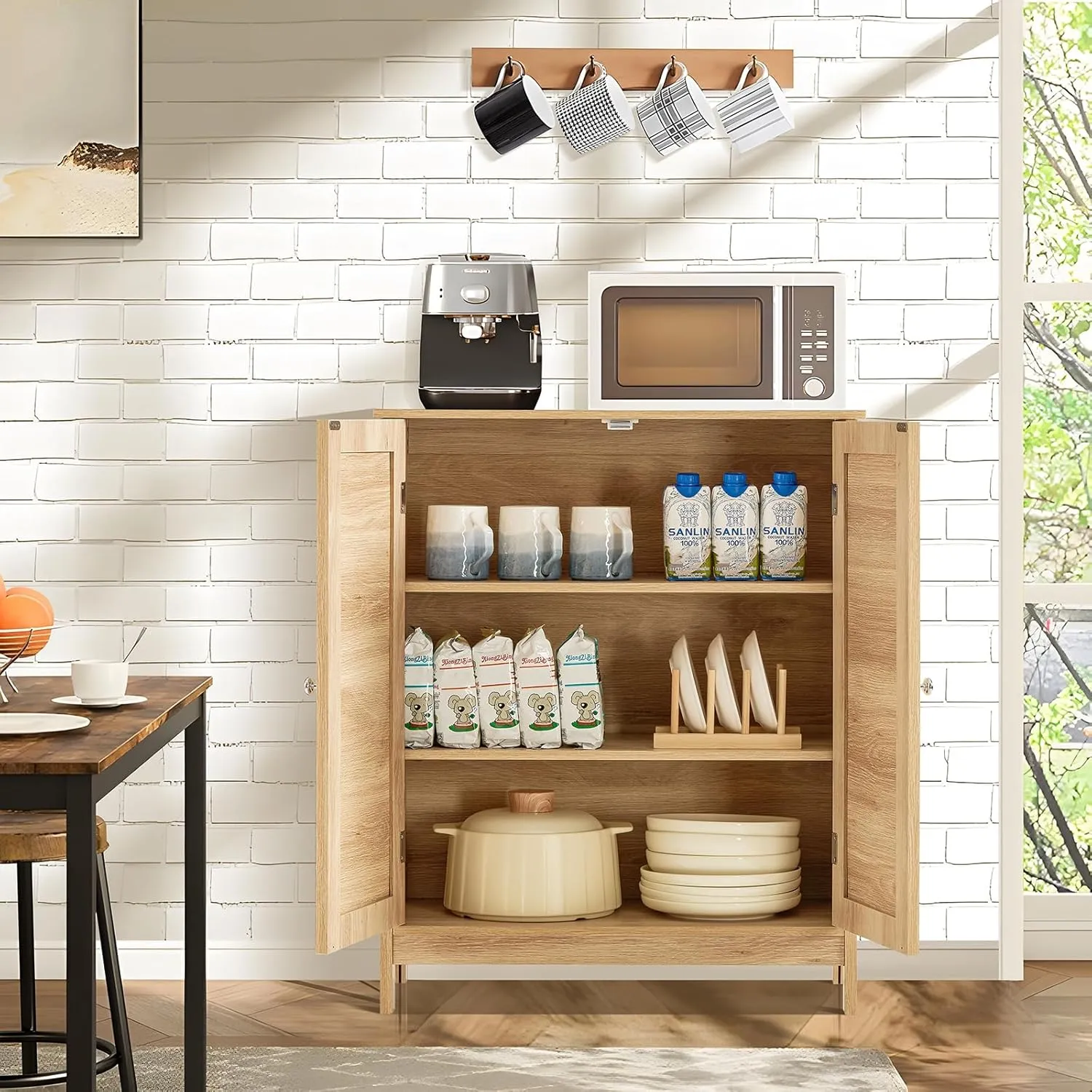 Iwell Storage Cabinet, Rattan Cabinet with Adjustable Shelf, for Living Room, Entryway, Kitchen, Home Office, Nature