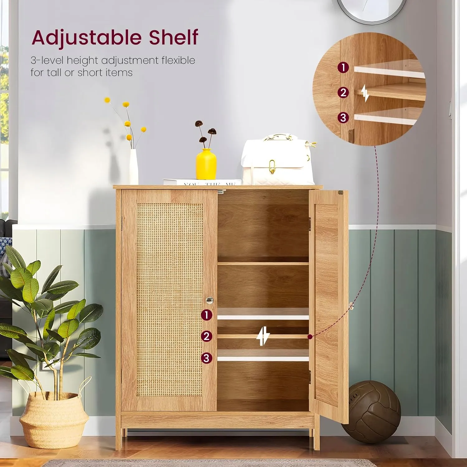 Iwell Storage Cabinet, Rattan Cabinet with Adjustable Shelf, for Living Room, Entryway, Kitchen, Home Office, Nature