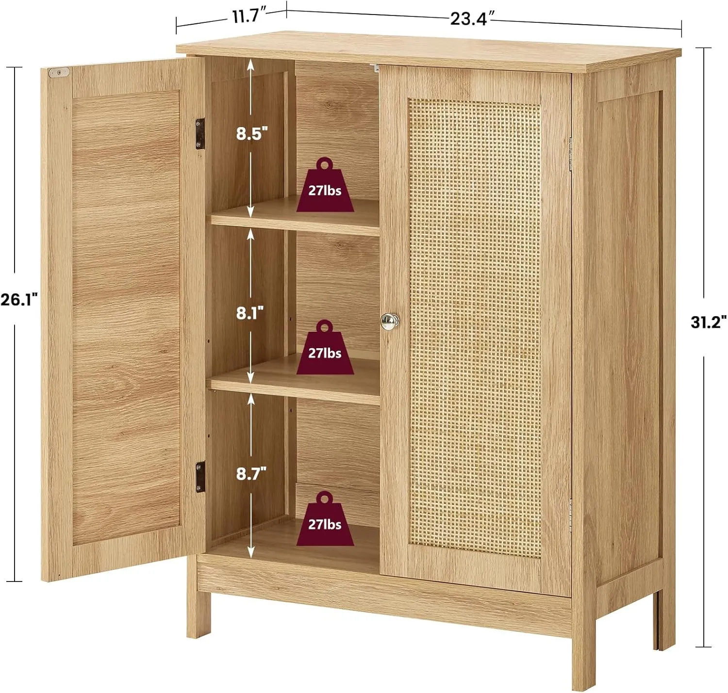 Iwell Storage Cabinet, Rattan Cabinet with Adjustable Shelf, for Living Room, Entryway, Kitchen, Home Office, Nature