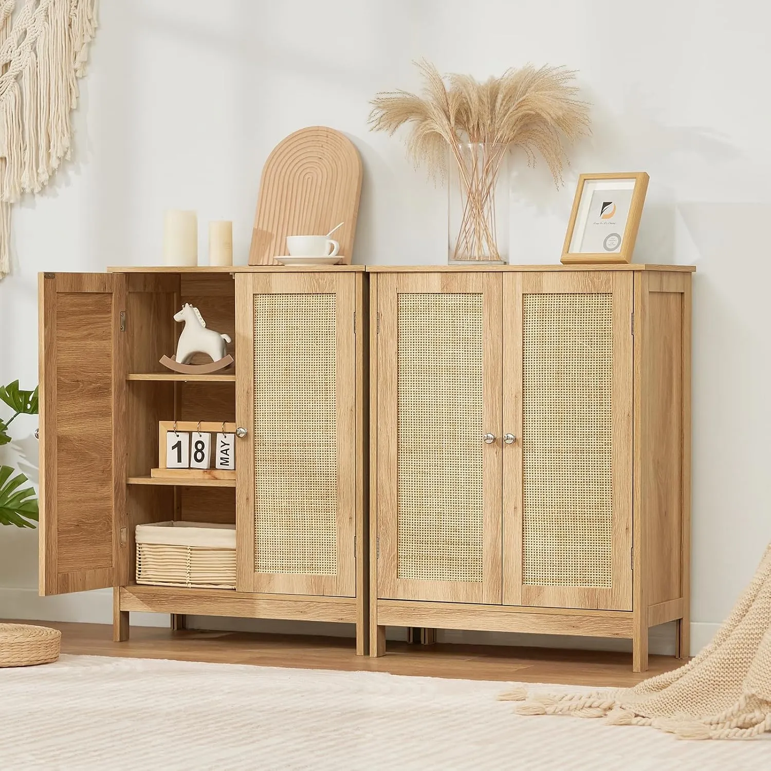 Iwell Storage Cabinet, Rattan Cabinet with Adjustable Shelf, for Living Room, Entryway, Kitchen, Home Office, Nature