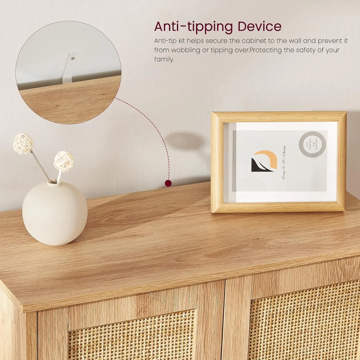Iwell Storage Cabinet, Rattan Cabinet with Adjustable Shelf, for Living Room, Entryway, Kitchen, Home Office, Nature