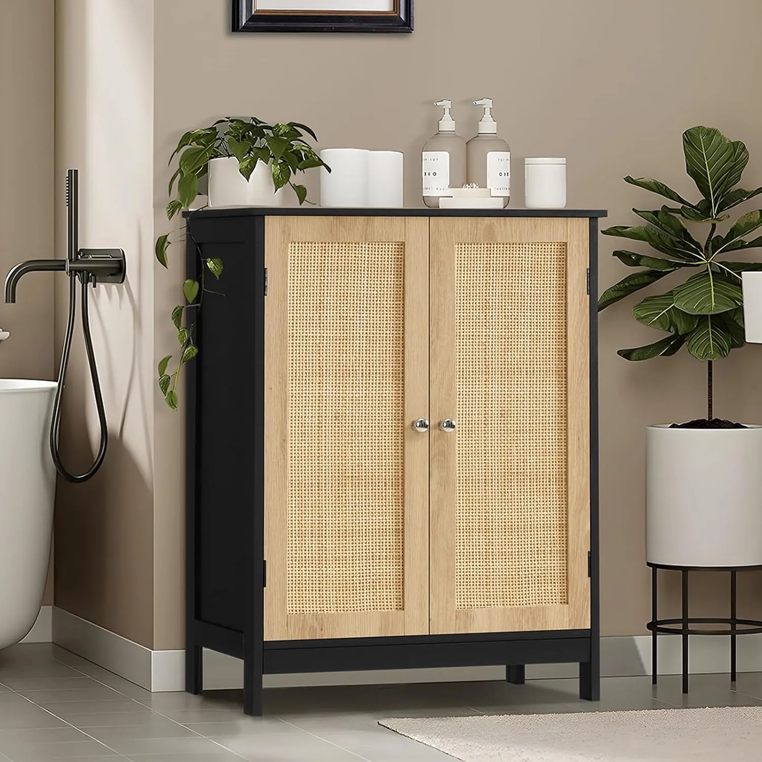 Iwell Storage Cabinet with Rattan Doors, Bathroom Storage Cabinet with Adjustable Shelf, Floor Cabinet for Living Room, Entryway, Kitchen, Home Office, Black