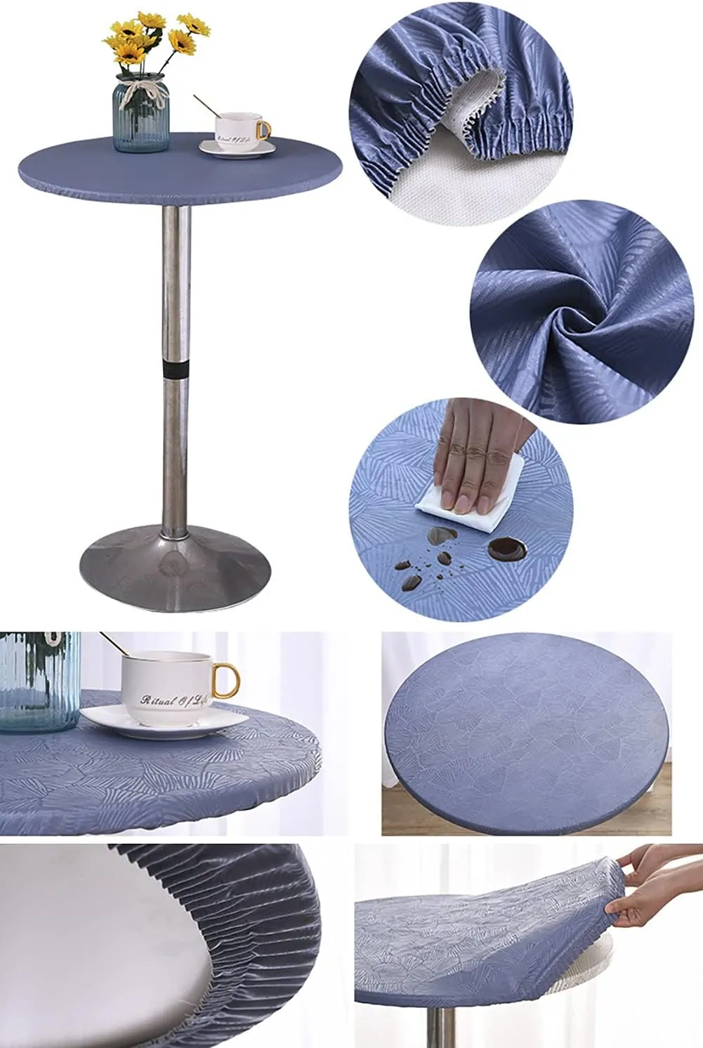 Jacquard Waterproof Tablecloth Elastic Edged Tablecloth Wipeable Table Cloth Table Cover for Indoor Outdoor, Patio, Kitchen and Dining Room 58" Inch Round Tight Fit Blue