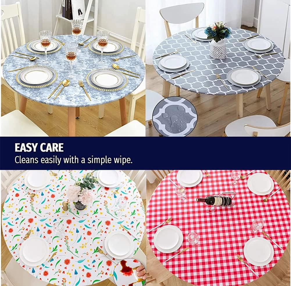 Jacquard Waterproof Tablecloth Elastic Edged Tablecloth Wipeable Table Cloth Table Cover for Indoor Outdoor, Patio, Kitchen and Dining Room 27" Inch Round Tight Fit White