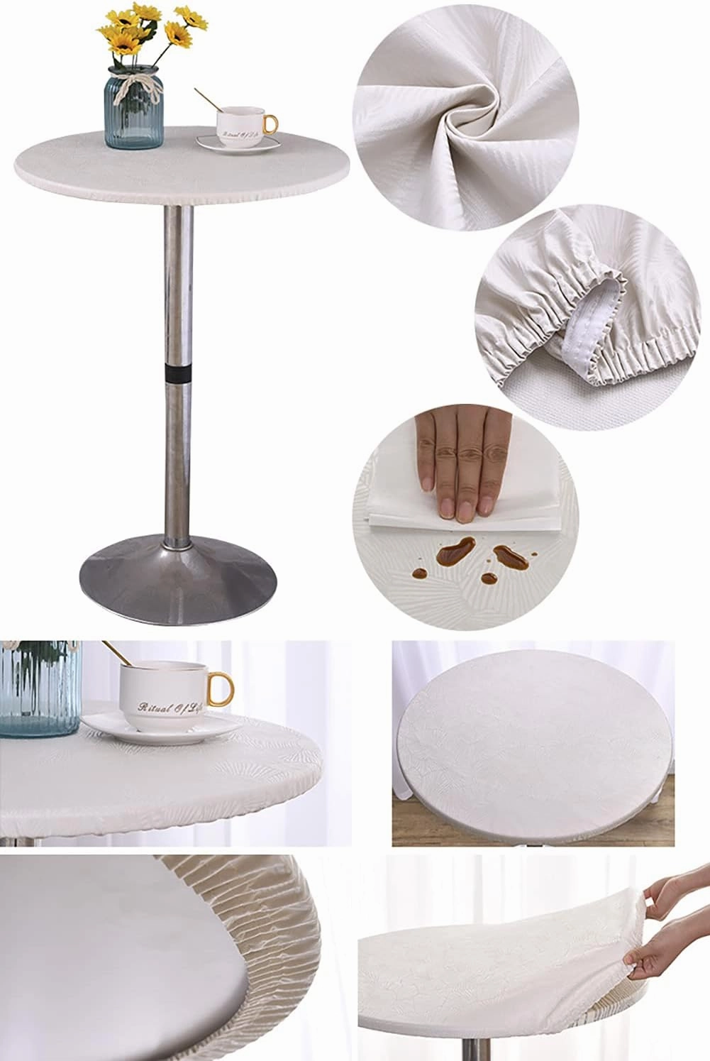 Jacquard Waterproof Tablecloth Elastic Edged Tablecloth Wipeable Table Cloth Table Cover for Indoor Outdoor, Patio, Kitchen and Dining Room 27" Inch Round Tight Fit White