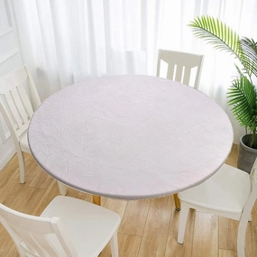 Jacquard Waterproof Tablecloth Elastic Edged Tablecloth Wipeable Table Cloth Table Cover for Indoor Outdoor, Patio, Kitchen and Dining Room 27" Inch Round Tight Fit White