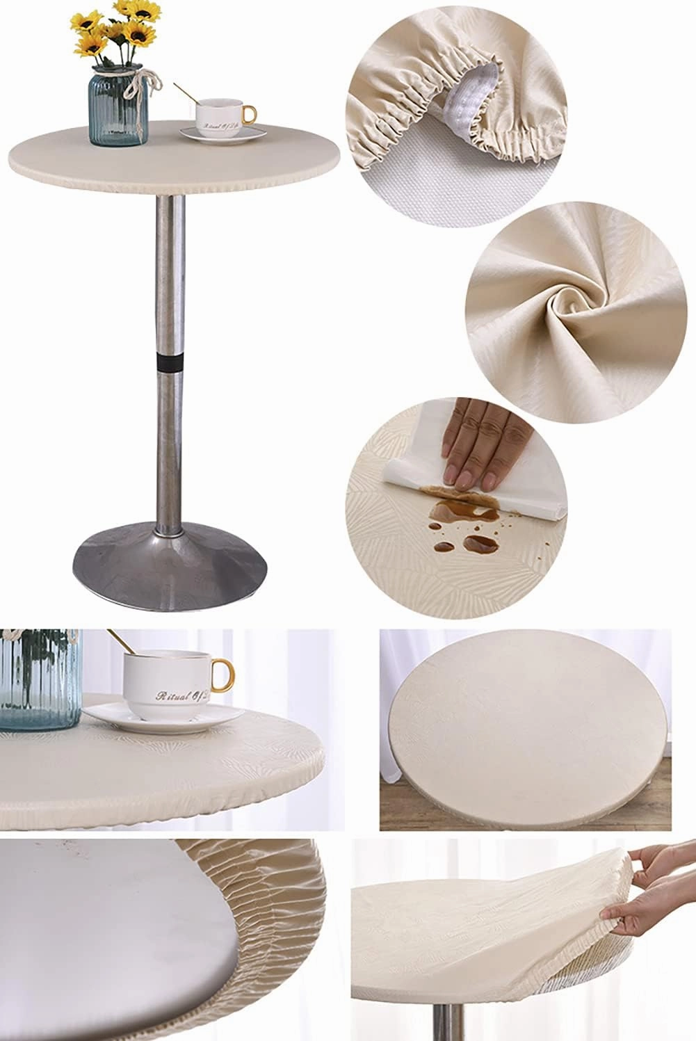 Jacquard Waterproof Tablecloth Elastic Edged Tablecloth Wipeable Table Cloth Table Cover for Indoor Outdoor, Patio, Kitchen and Dining Room 58" Inch Round Tight Fit Beige