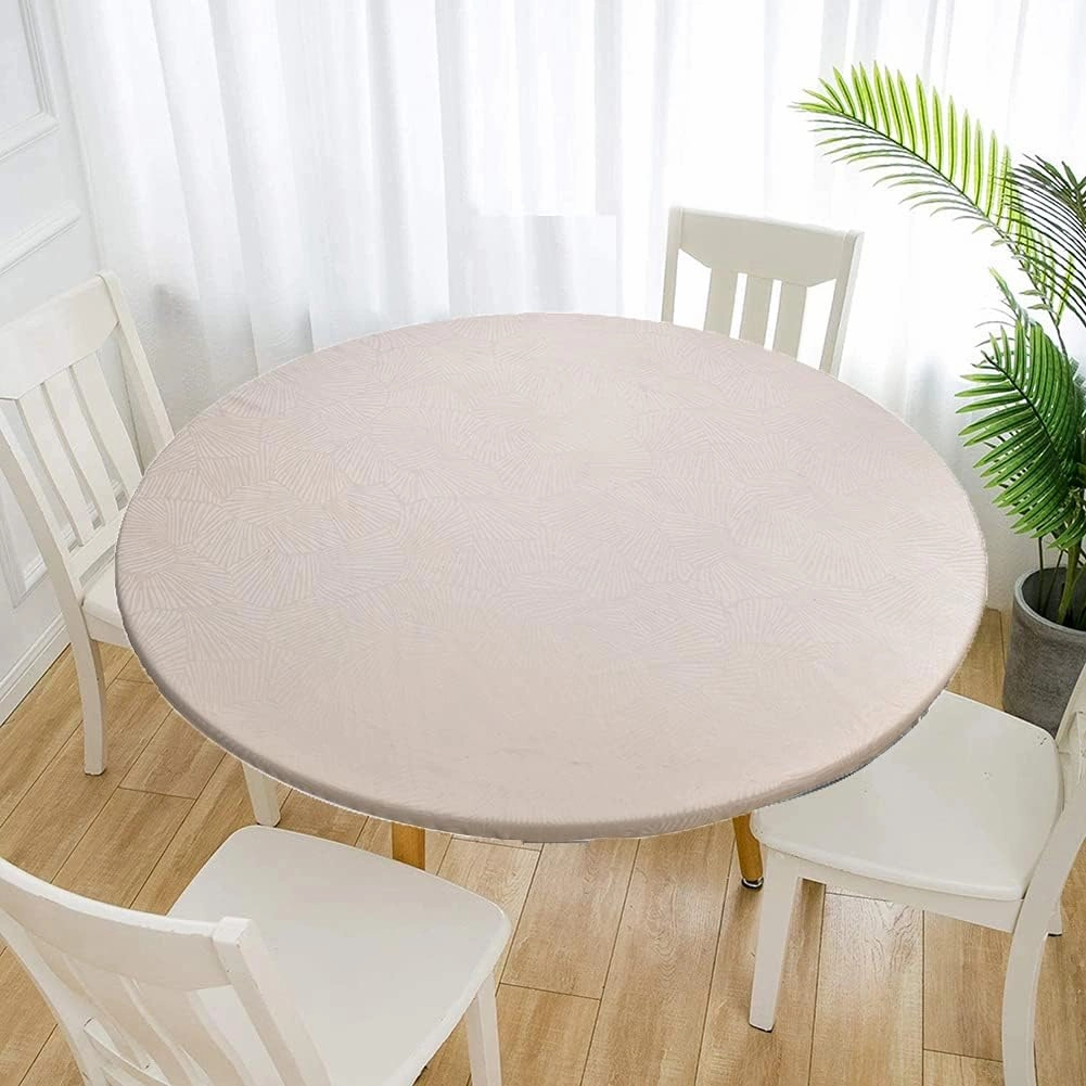 Jacquard Waterproof Tablecloth Elastic Edged Tablecloth Wipeable Table Cloth Table Cover for Indoor Outdoor, Patio, Kitchen and Dining Room 58" Inch Round Tight Fit Beige
