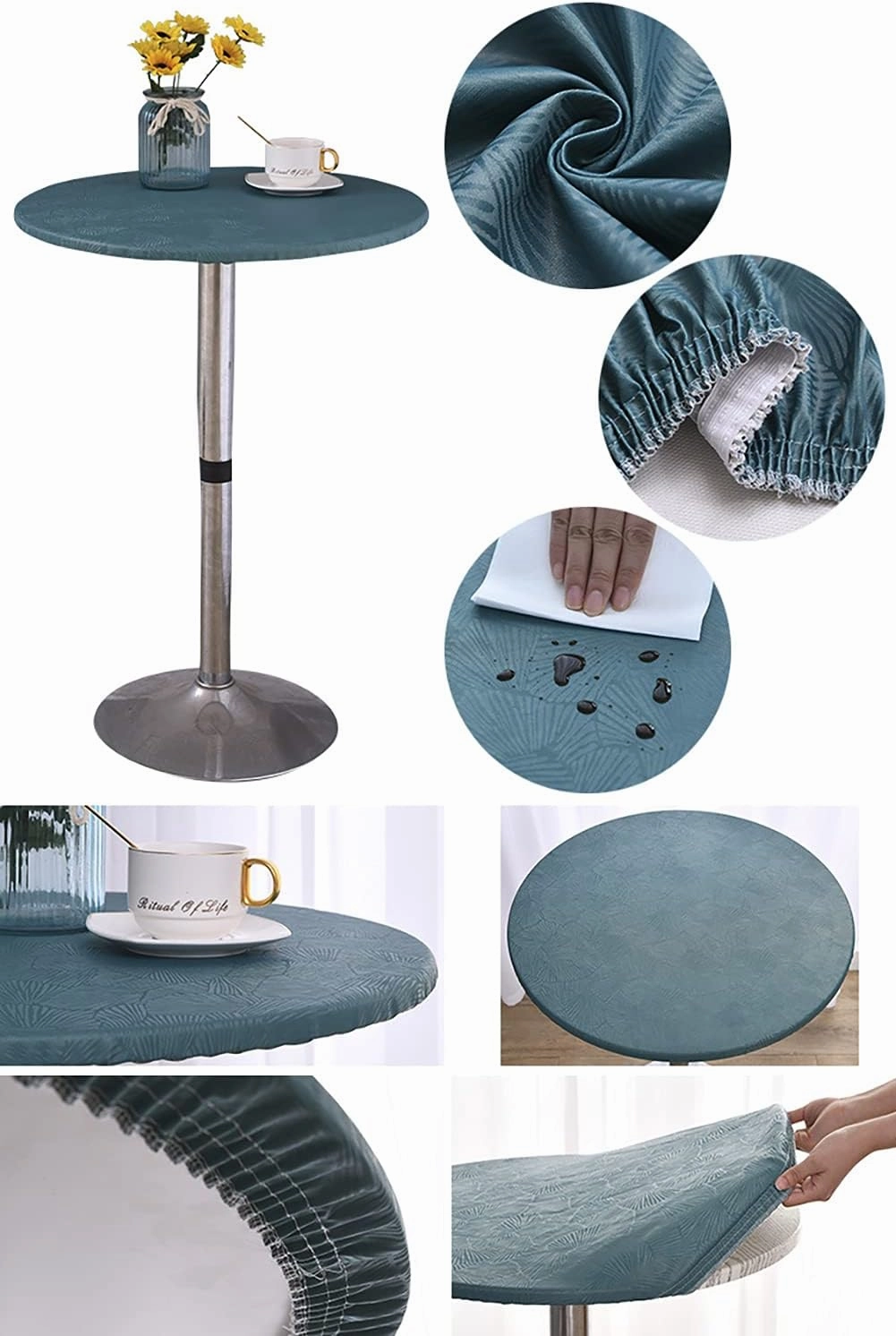 Jacquard Waterproof Tablecloth Elastic Edged Tablecloth Wipeable Table Cloth Table Cover for Indoor Outdoor, Patio, Kitchen and Dining Room 58" Inch Round Tight Fit Green