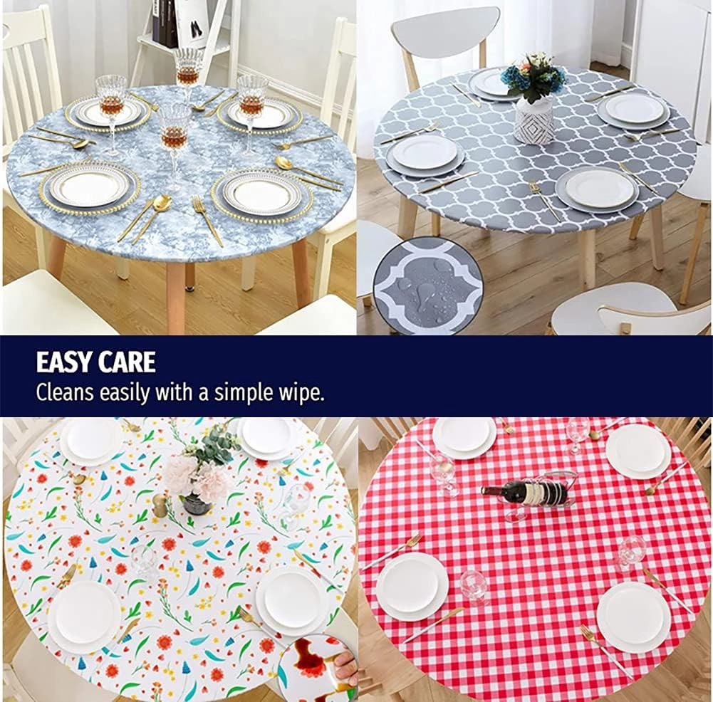 Jacquard Waterproof Tablecloth Elastic Edged Tablecloth Wipeable Table Cloth Table Cover for Indoor Outdoor, Patio, Kitchen and Dining Room 58" Inch Round Tight Fit Grey