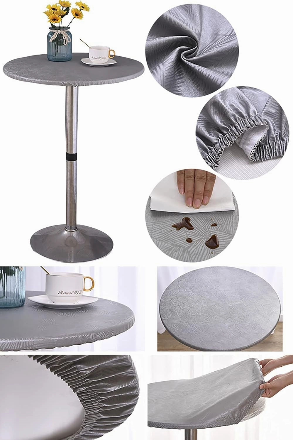 Jacquard Waterproof Tablecloth Elastic Edged Tablecloth Wipeable Table Cloth Table Cover for Indoor Outdoor, Patio, Kitchen and Dining Room 58" Inch Round Tight Fit Grey