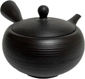 Japanese Kyusu tokoname Clay Teapot 12.3 fl.oz. Line Carving Pattern on Surface, Black TOSEI from Japan 218J