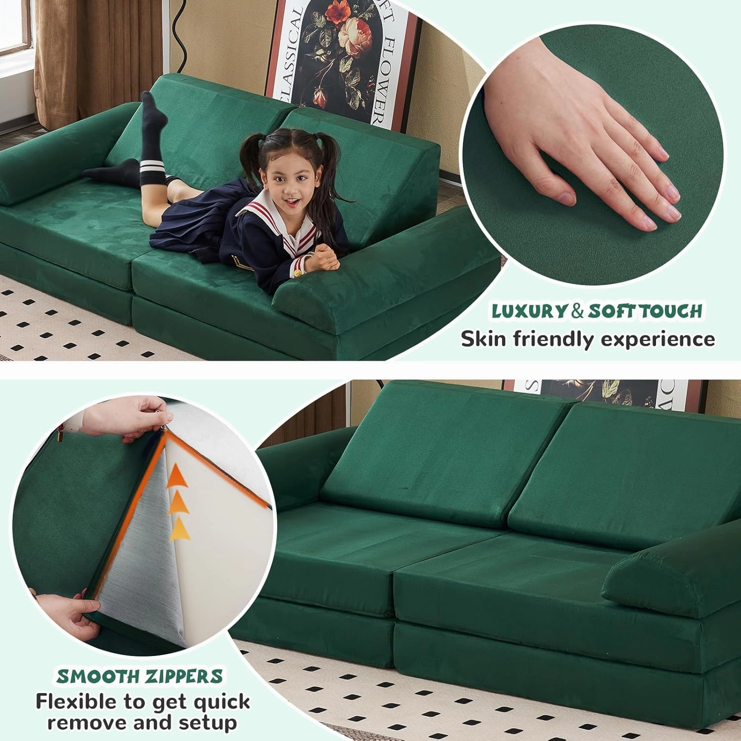 jela Kids Couch Safety Certified Play Couch Soft Kids Sofa with Machine Washable Cover Thick Foam Fort Building Set for Playroom Indoor (57"x28"x18", Pine Green)