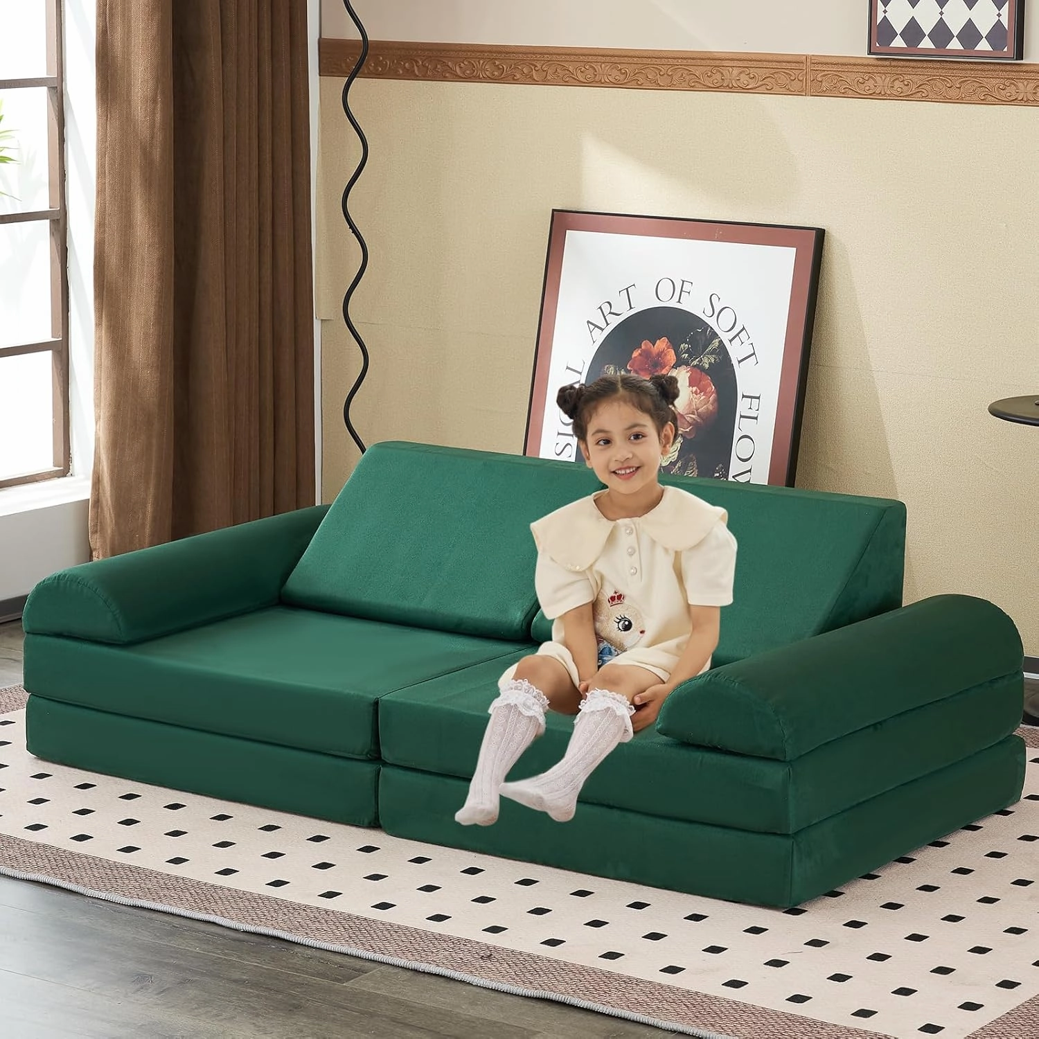 jela Kids Couch Safety Certified Play Couch Soft Kids Sofa with Machine Washable Cover Thick Foam Fort Building Set for Playroom Indoor (57"x28"x18", Pine Green)