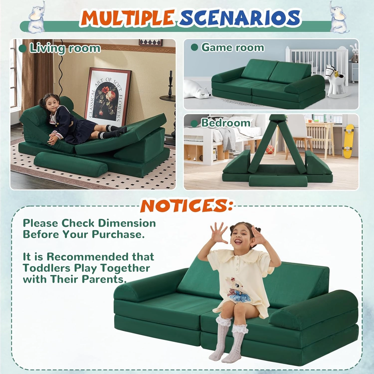 jela Kids Couch Safety Certified Play Couch Soft Kids Sofa with Machine Washable Cover Thick Foam Fort Building Set for Playroom Indoor (57"x28"x18", Pine Green)