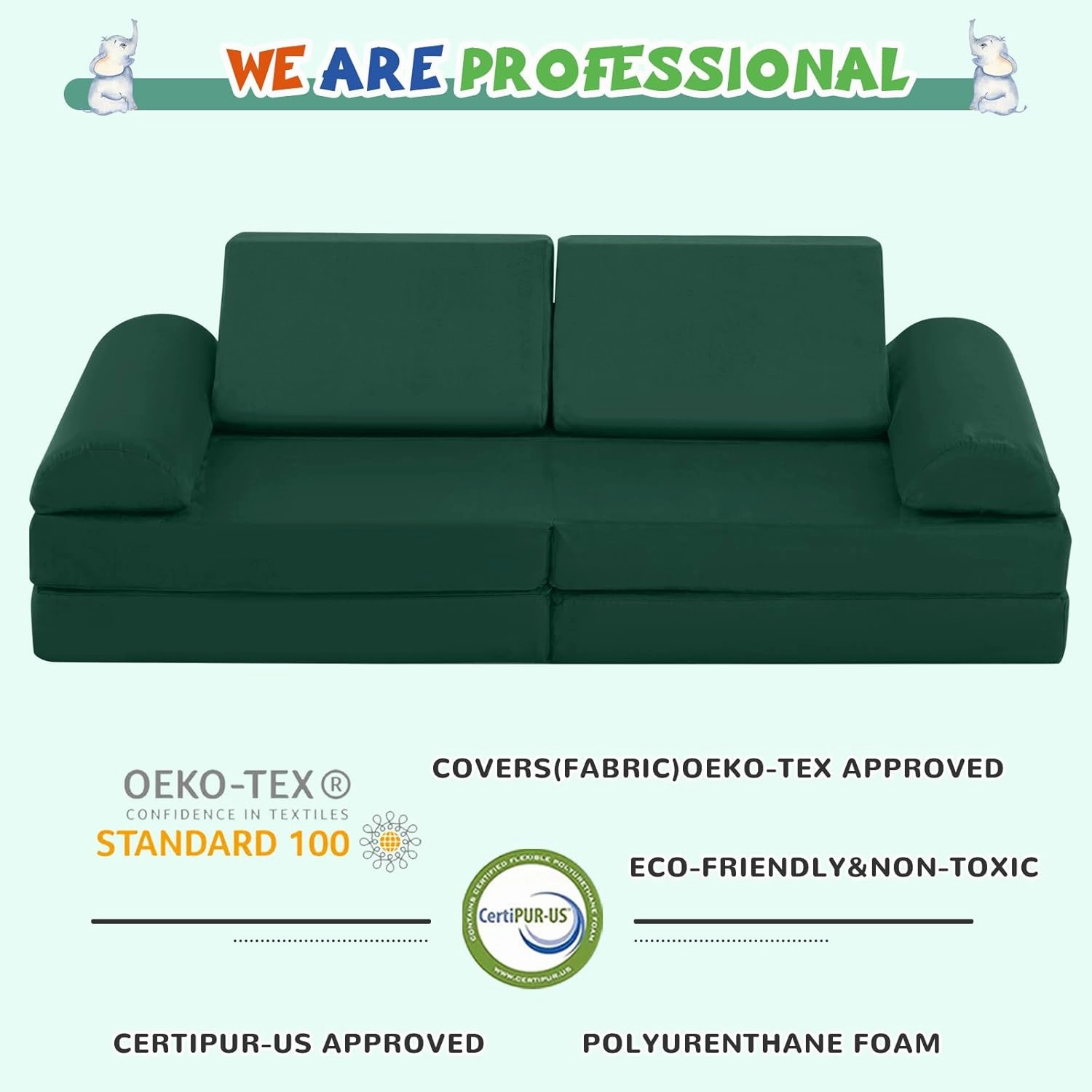 jela Kids Couch Safety Certified Play Couch Soft Kids Sofa with Machine Washable Cover Thick Foam Fort Building Set for Playroom Indoor (57"x28"x18", Pine Green)