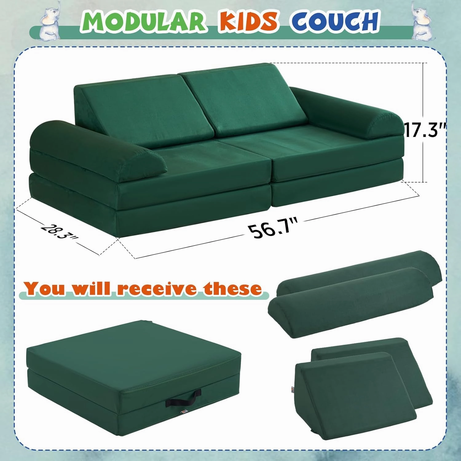 jela Kids Couch Safety Certified Play Couch Soft Kids Sofa with Machine Washable Cover Thick Foam Fort Building Set for Playroom Indoor (57"x28"x18", Pine Green)