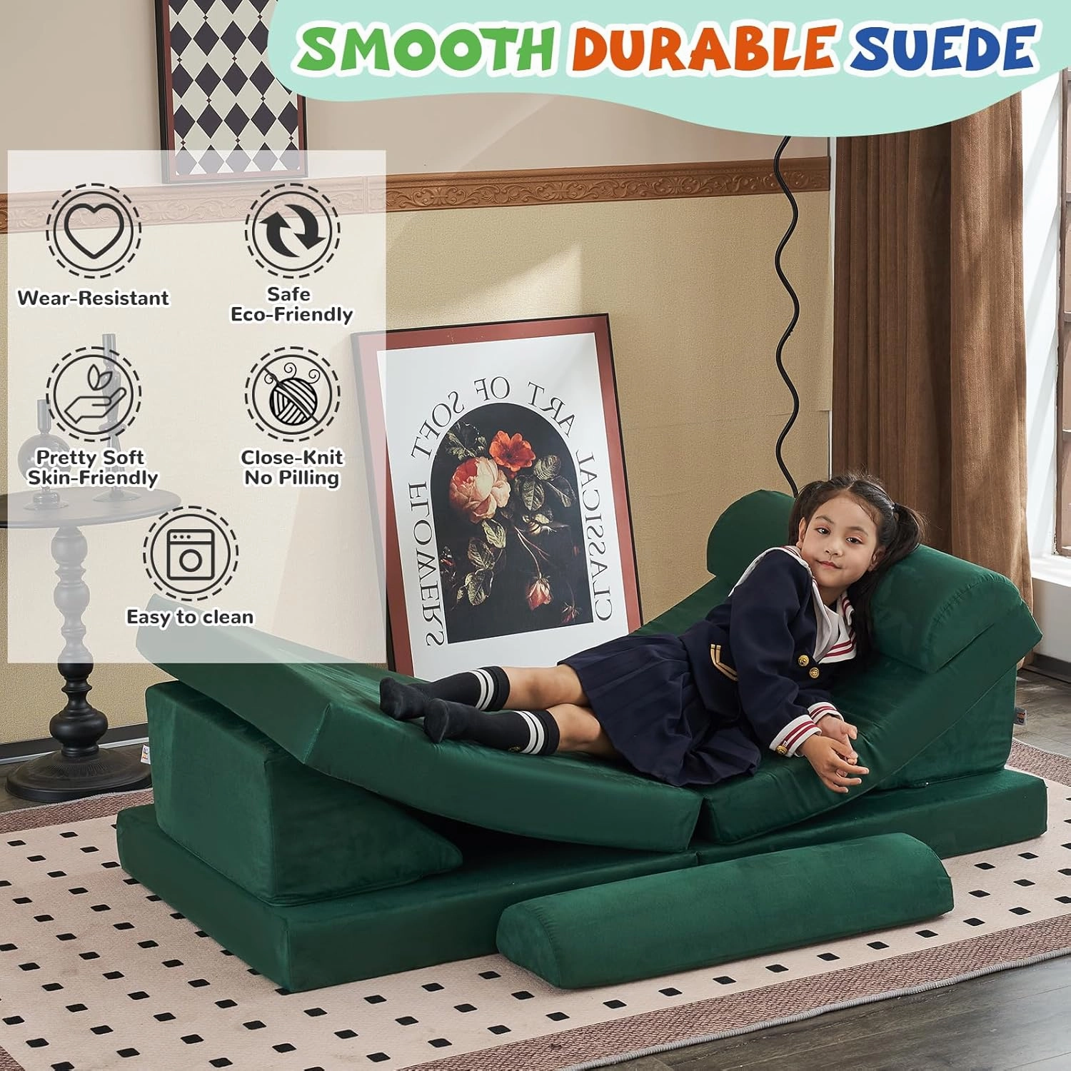 jela Kids Couch Safety Certified Play Couch Soft Kids Sofa with Machine Washable Cover Thick Foam Fort Building Set for Playroom Indoor (57"x28"x18", Pine Green)