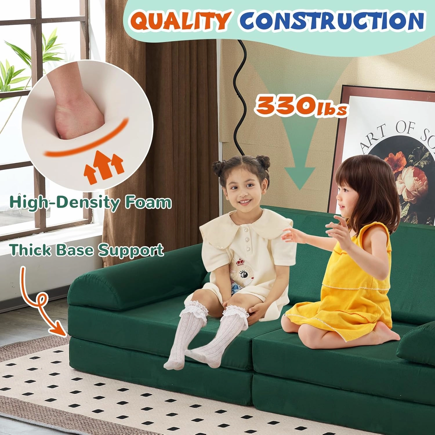 jela Kids Couch Safety Certified Play Couch Soft Kids Sofa with Machine Washable Cover Thick Foam Fort Building Set for Playroom Indoor (57"x28"x18", Pine Green)