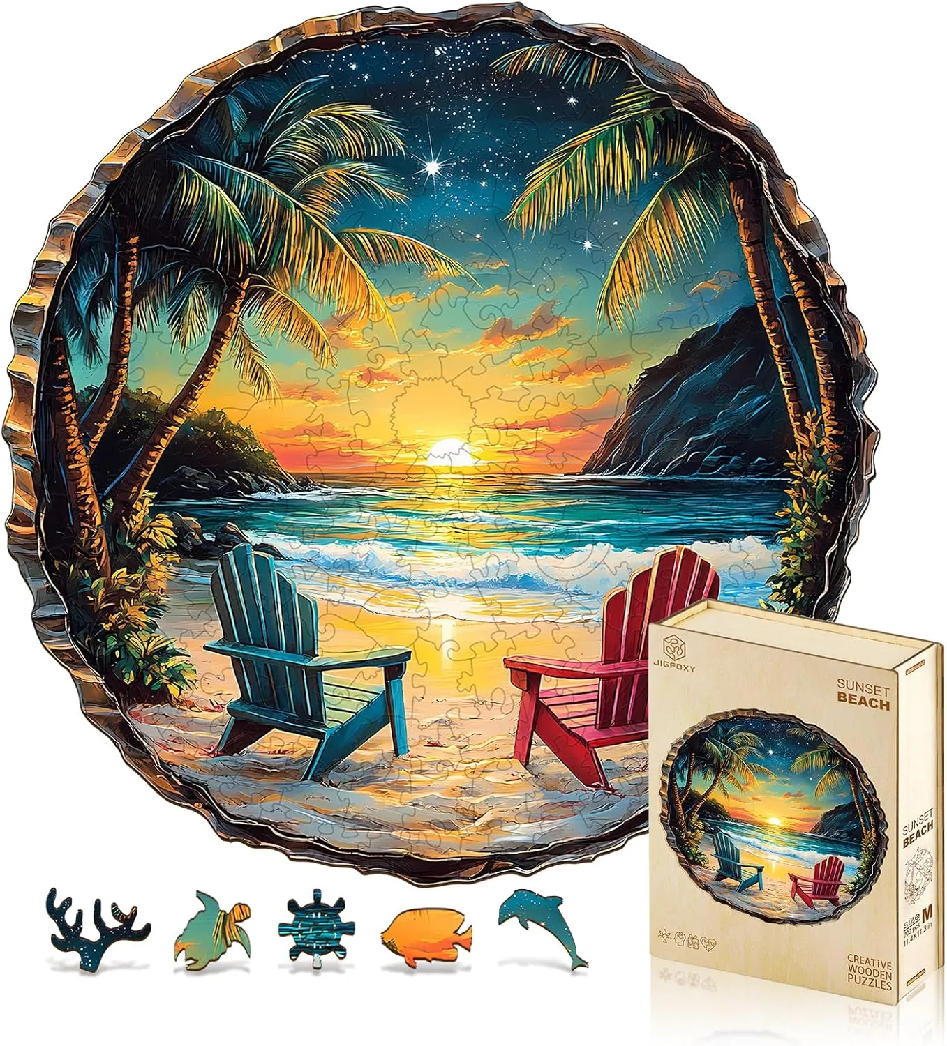 Jigfoxy Wooden Puzzle for Adults, Sunset Beach Wooden Jigsaw Puzzles for Adults, Unique Animal Shape Wood Cut Puzzles for Family Friend Puzzle Lovers(S-8.5 * 8.4in-100pcs)