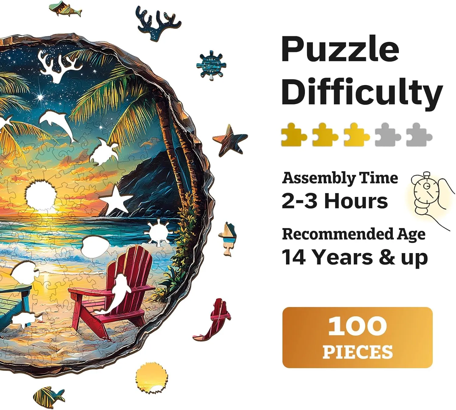 Jigfoxy Wooden Puzzle for Adults, Sunset Beach Wooden Jigsaw Puzzles for Adults, Unique Animal Shape Wood Cut Puzzles for Family Friend Puzzle Lovers(S-8.5 * 8.4in-100pcs)