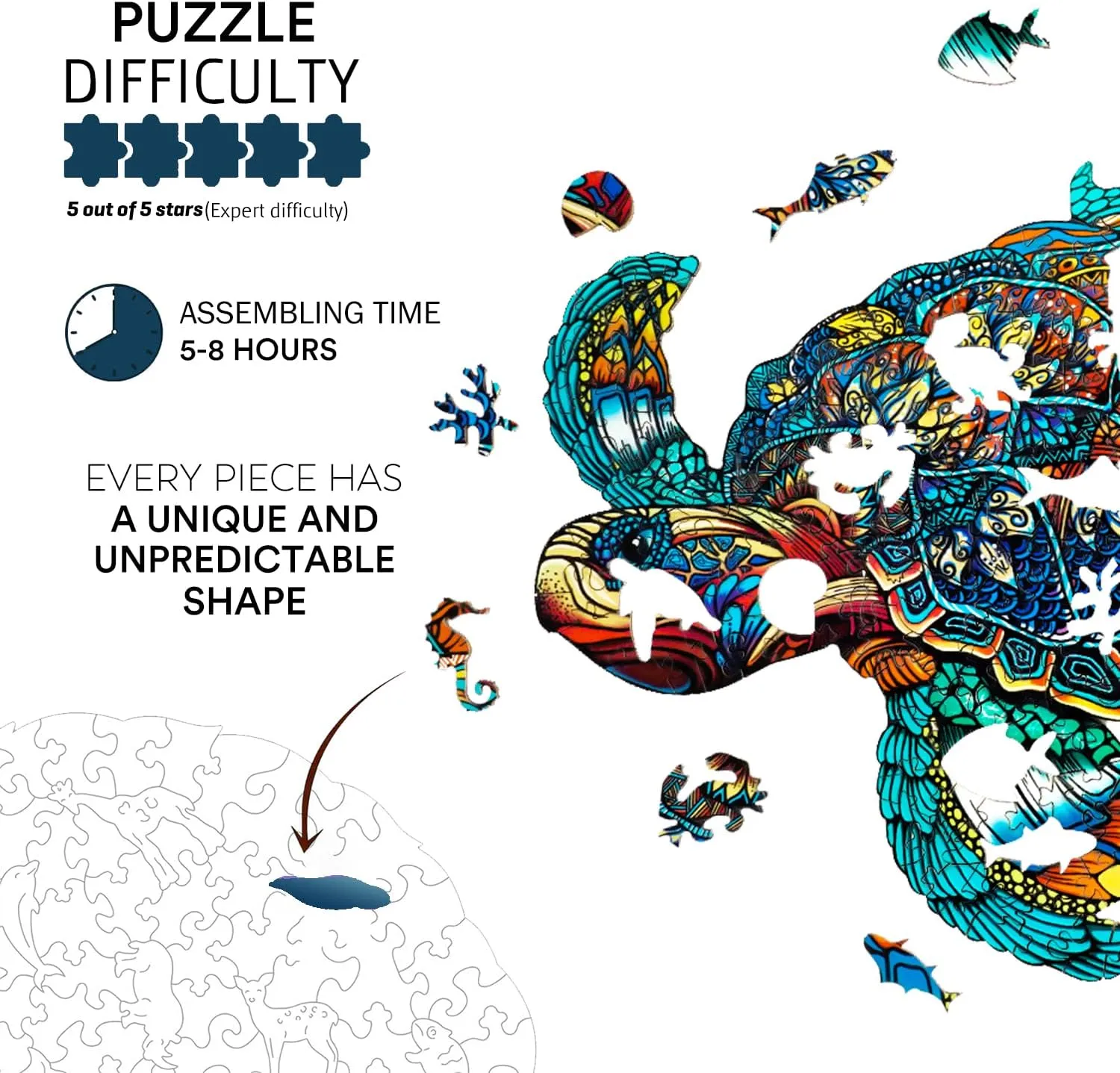 Jigfoxy Wooden Puzzles for Adults, Sea Turtle Wooden Jigsaw Puzzles,Unique Animal Shape Puzzles, Christmas Thanksgiving Gifts for Family Turtle Lover(XL-22.8 * 19.3in-631pcs)
