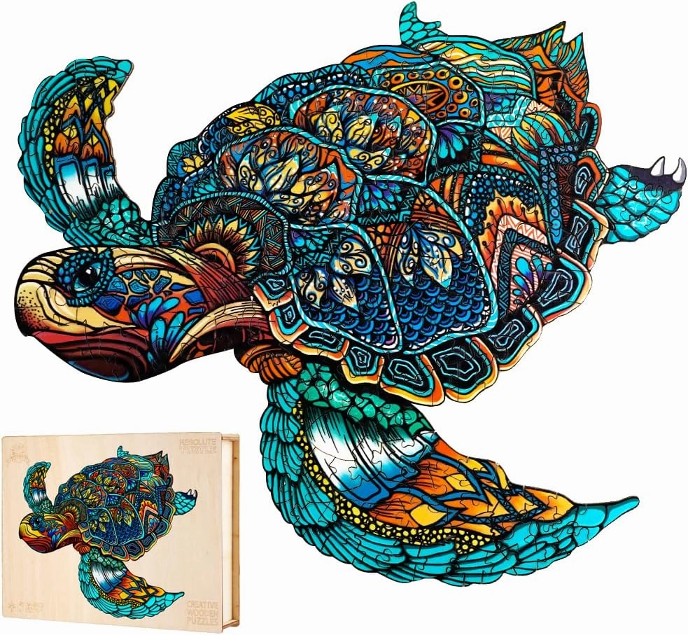 Jigfoxy Wooden Puzzles for Adults, Sea Turtle Wooden Jigsaw Puzzles for Adults Kids, Unique Animal Shape Wood Cut Puzzles, Christmas Thanksgiving Gifts for Family Turtle Lover (S-9.1 * 7.7in-100pcs)