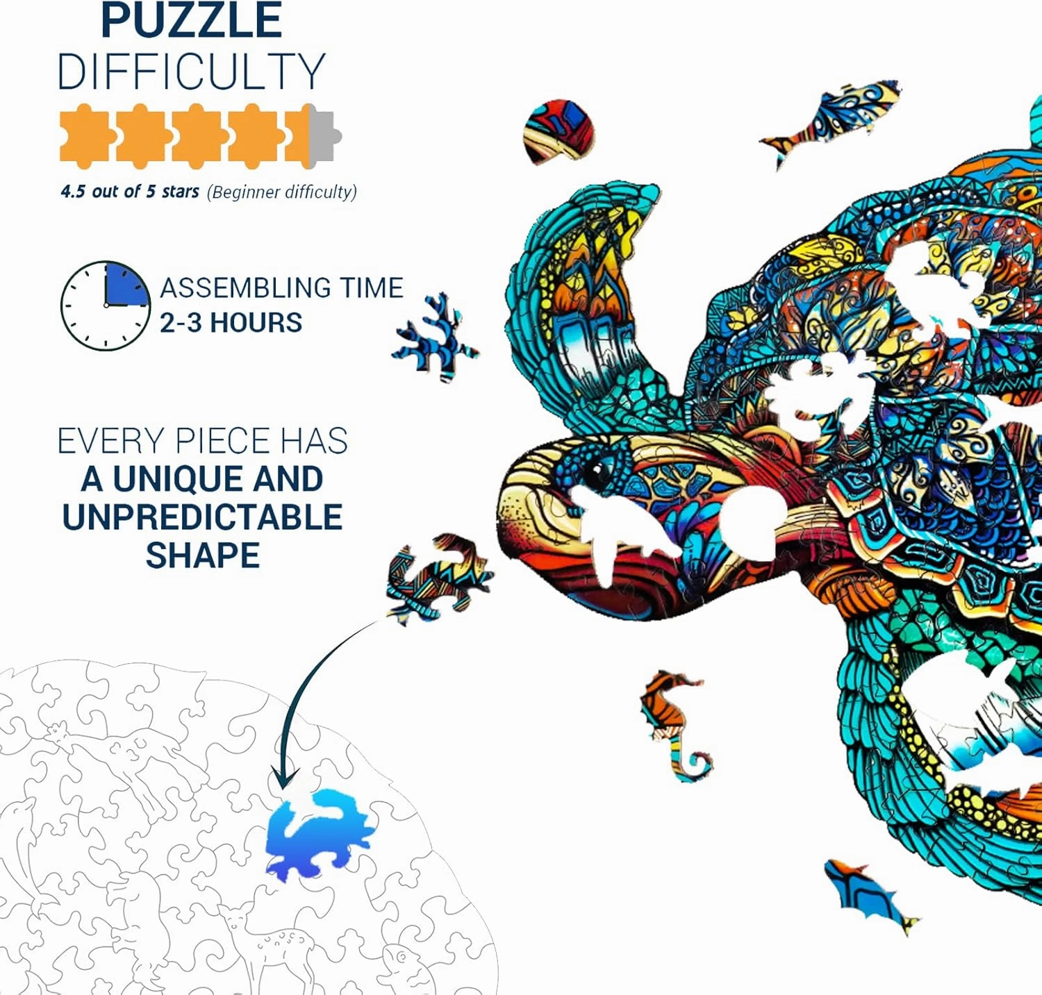 Jigfoxy Wooden Puzzles for Adults, Sea Turtle Wooden Jigsaw Puzzles for Adults Kids, Unique Animal Shape Wood Cut Puzzles, Christmas Thanksgiving Gifts for Family Turtle Lover (S-9.1 * 7.7in-100pcs)