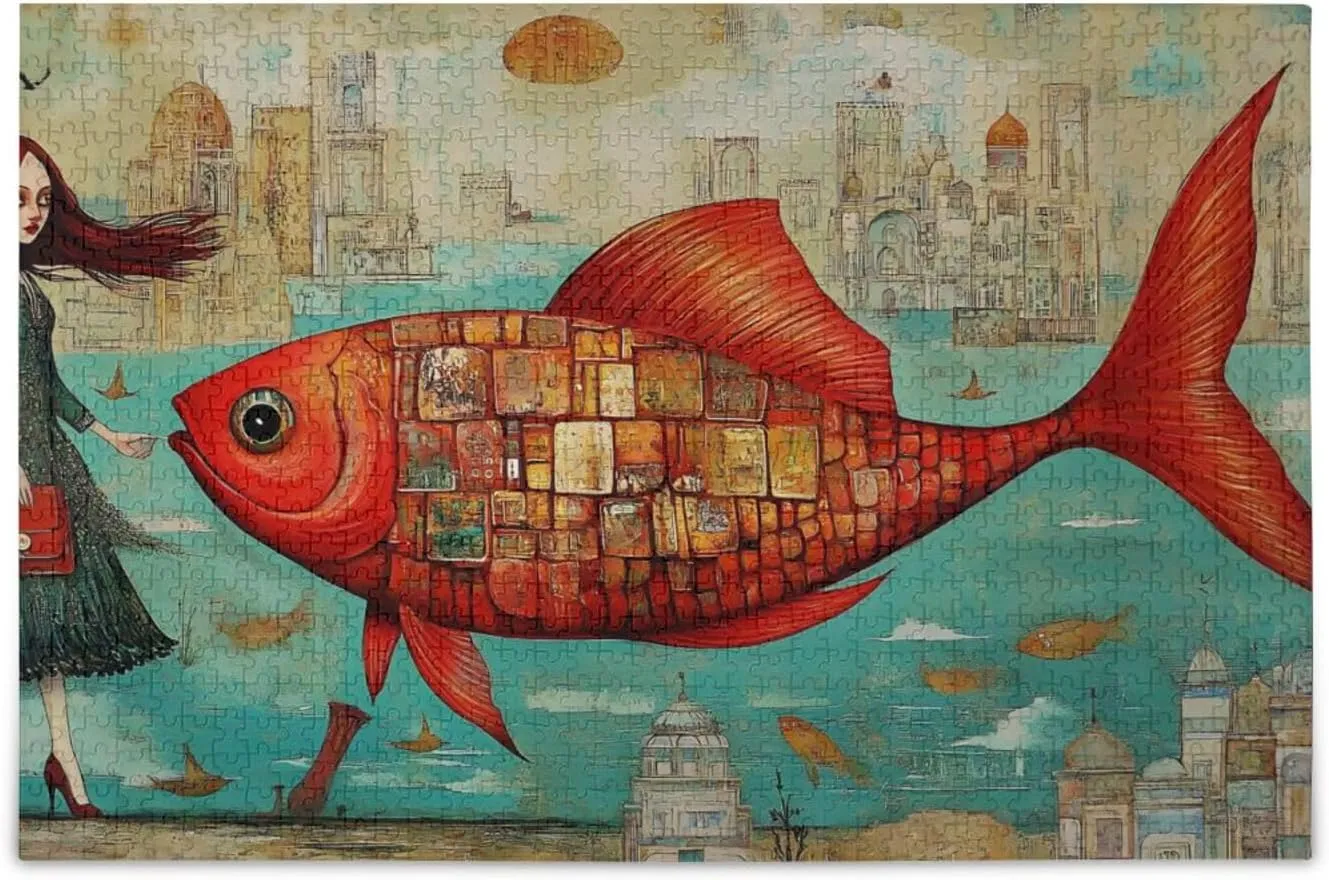 Jigsaw Puzzle for Adults 1000 Pieces, Art Woman Fish Abstract Challenging Puzzle for Party Entertainment, Family Games