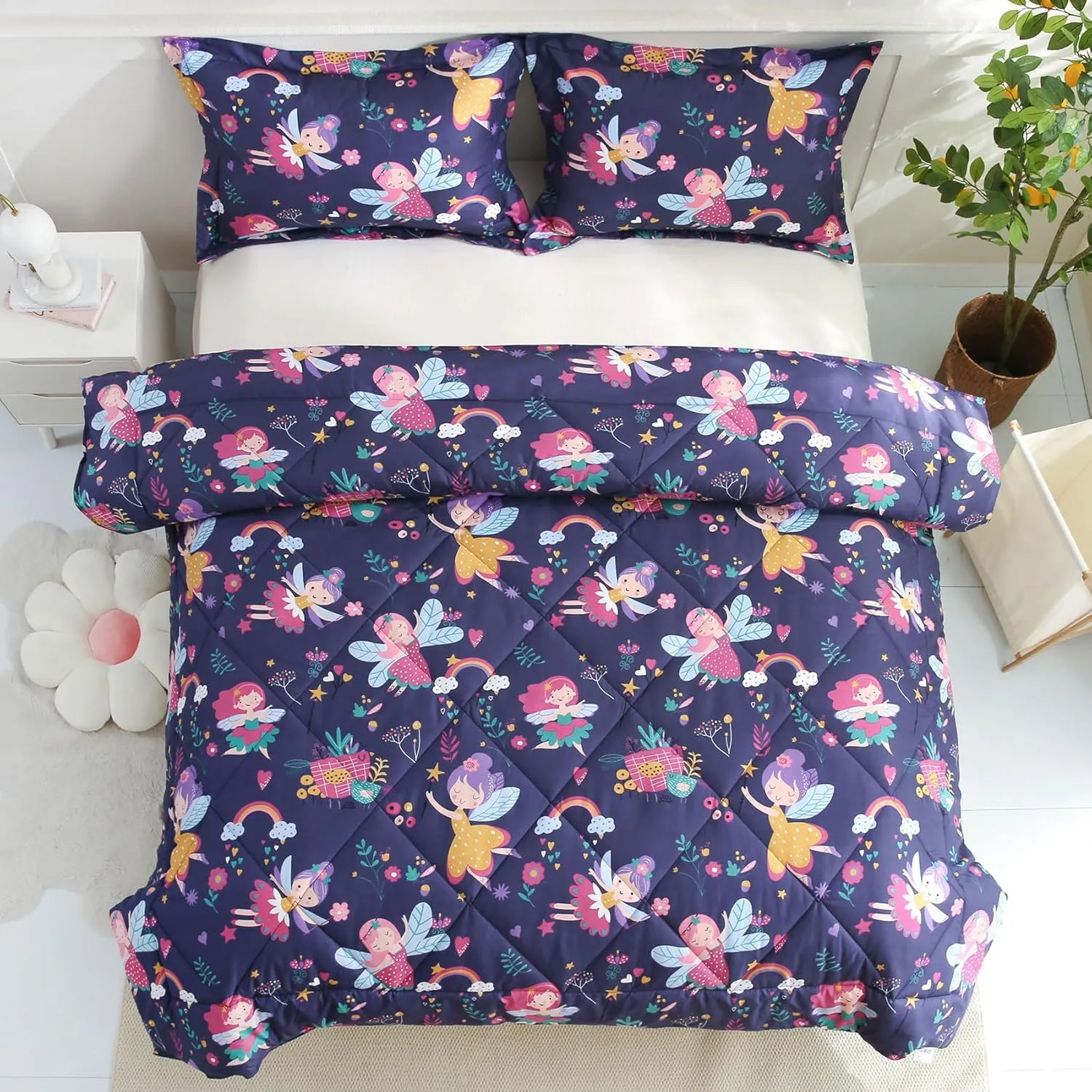 JSD Fairy Kids Comforter Set Twin Size, 2 Piece Girls Floral Printed Microfiber Bedding Set, Machine Washable