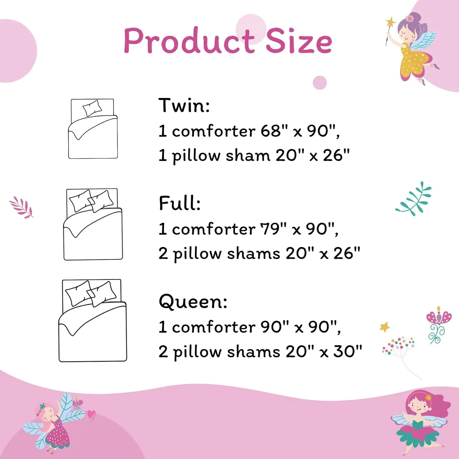 JSD Fairy Kids Comforter Set Twin Size, 2 Piece Girls Floral Printed Microfiber Bedding Set, Machine Washable