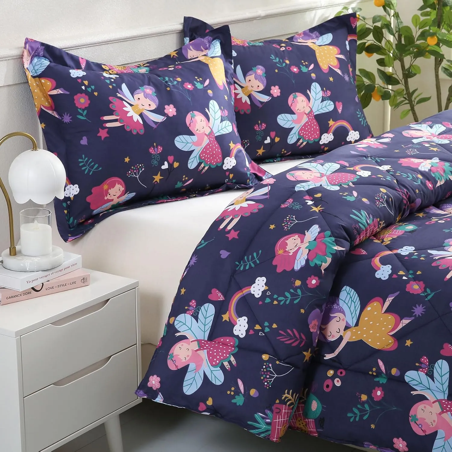 JSD Fairy Kids Comforter Set Twin Size, 2 Piece Girls Floral Printed Microfiber Bedding Set, Machine Washable