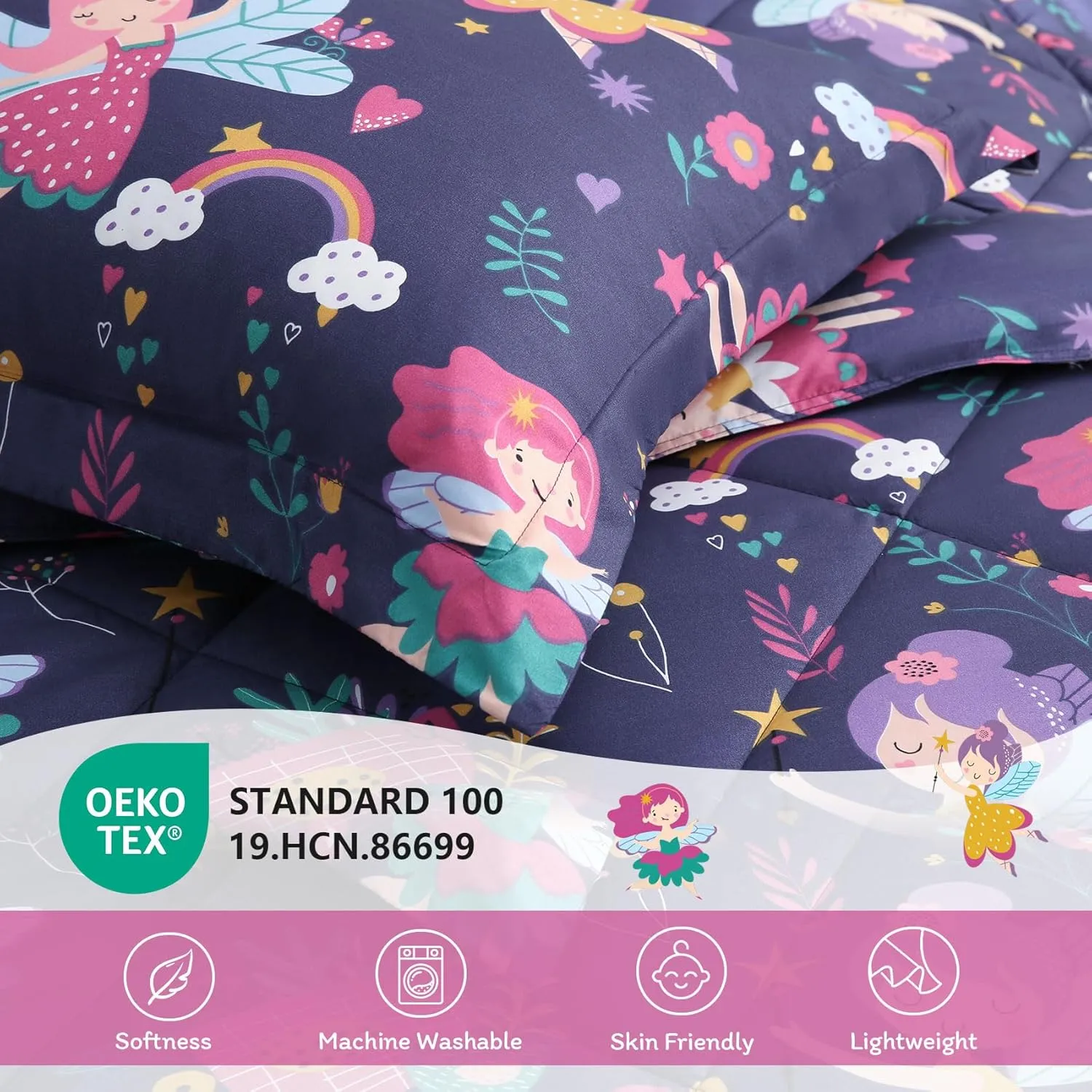JSD Fairy Kids Comforter Set Twin Size, 2 Piece Girls Floral Printed Microfiber Bedding Set, Machine Washable