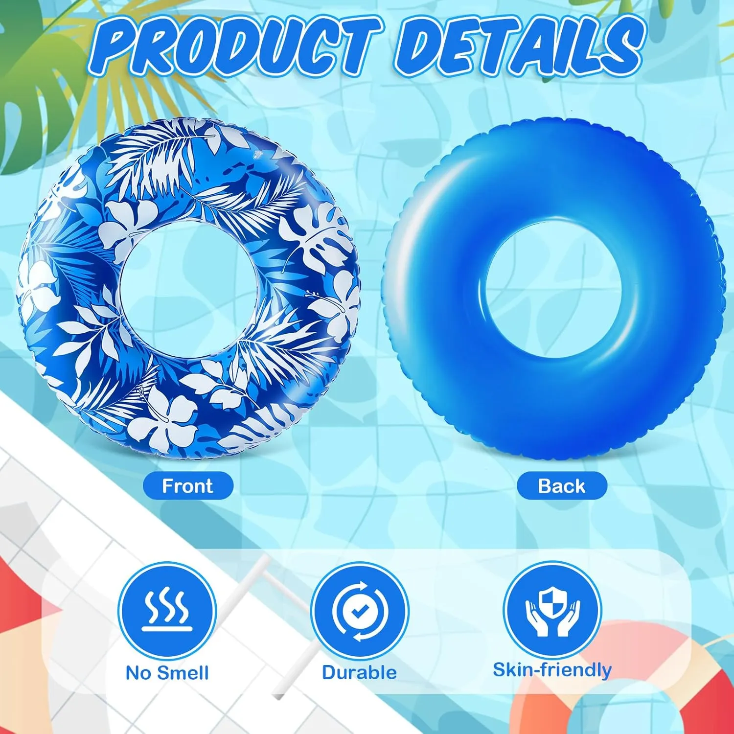 Jumbo Float Tube 47.24 Inches Inflatable Pool Floats Large Pool Tube Tropical Leaves Inflatable Tube Blue White Pool Rings Beach Swimming Ring for Adults Summer Supplies