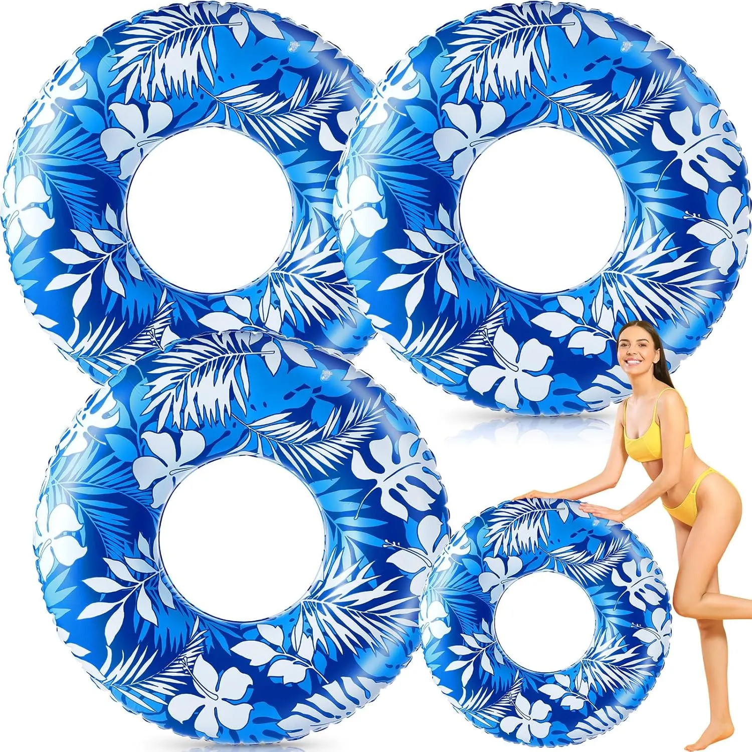 Jumbo Float Tube 47.24 Inches Inflatable Pool Floats Large Pool Tube Tropical Leaves Inflatable Tube Blue White Pool Rings Beach Swimming Ring for Adults Summer Supplies