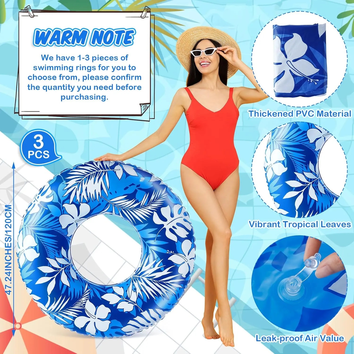 Jumbo Float Tube 47.24 Inches Inflatable Pool Floats Large Pool Tube Tropical Leaves Inflatable Tube Blue White Pool Rings Beach Swimming Ring for Adults Summer Supplies