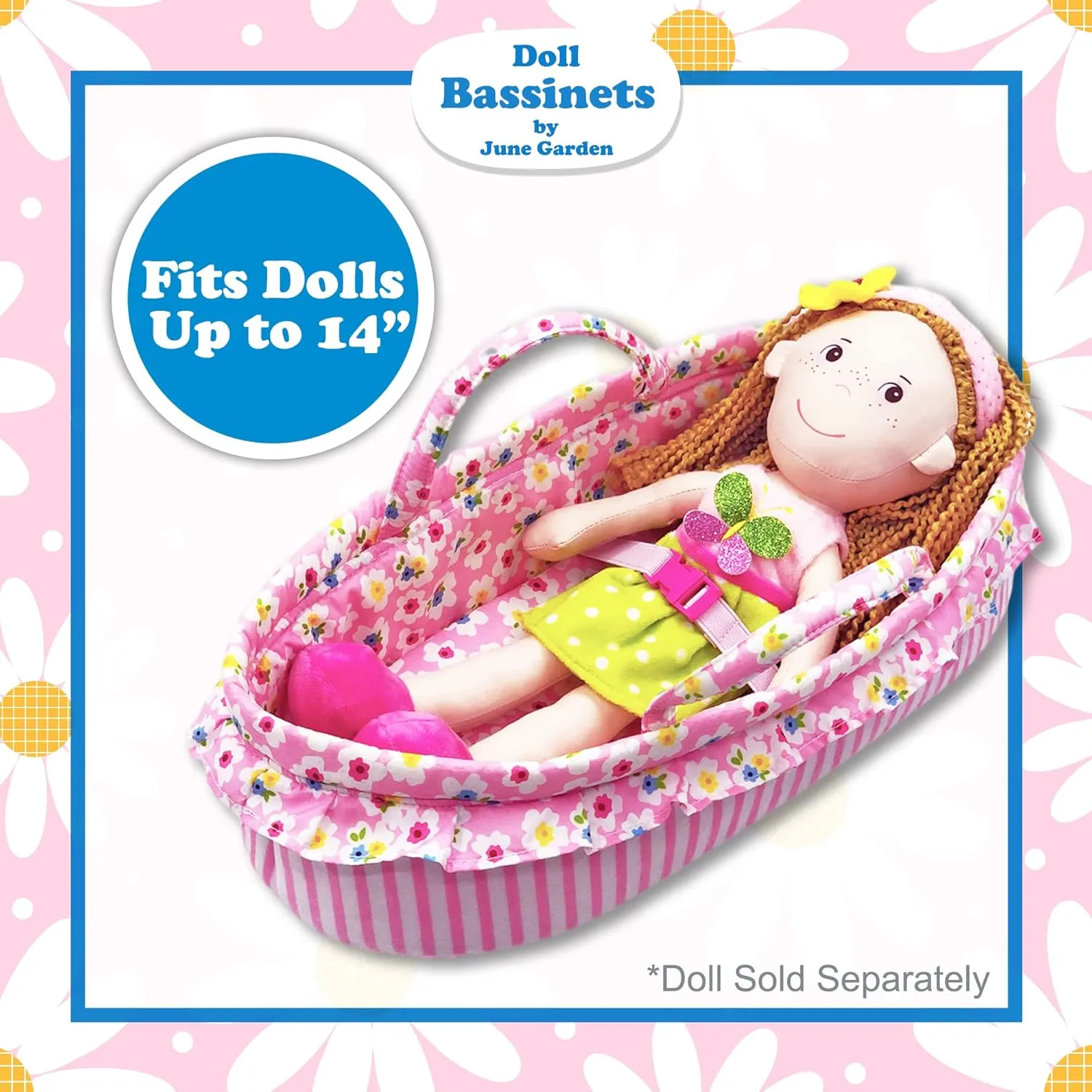June Garden Cozy Dream Doll Bassinet - Baby Doll Portable Carrier - Fits for American Girl Dolls up to 14" - Soft Pillow & Safety Buckle Included