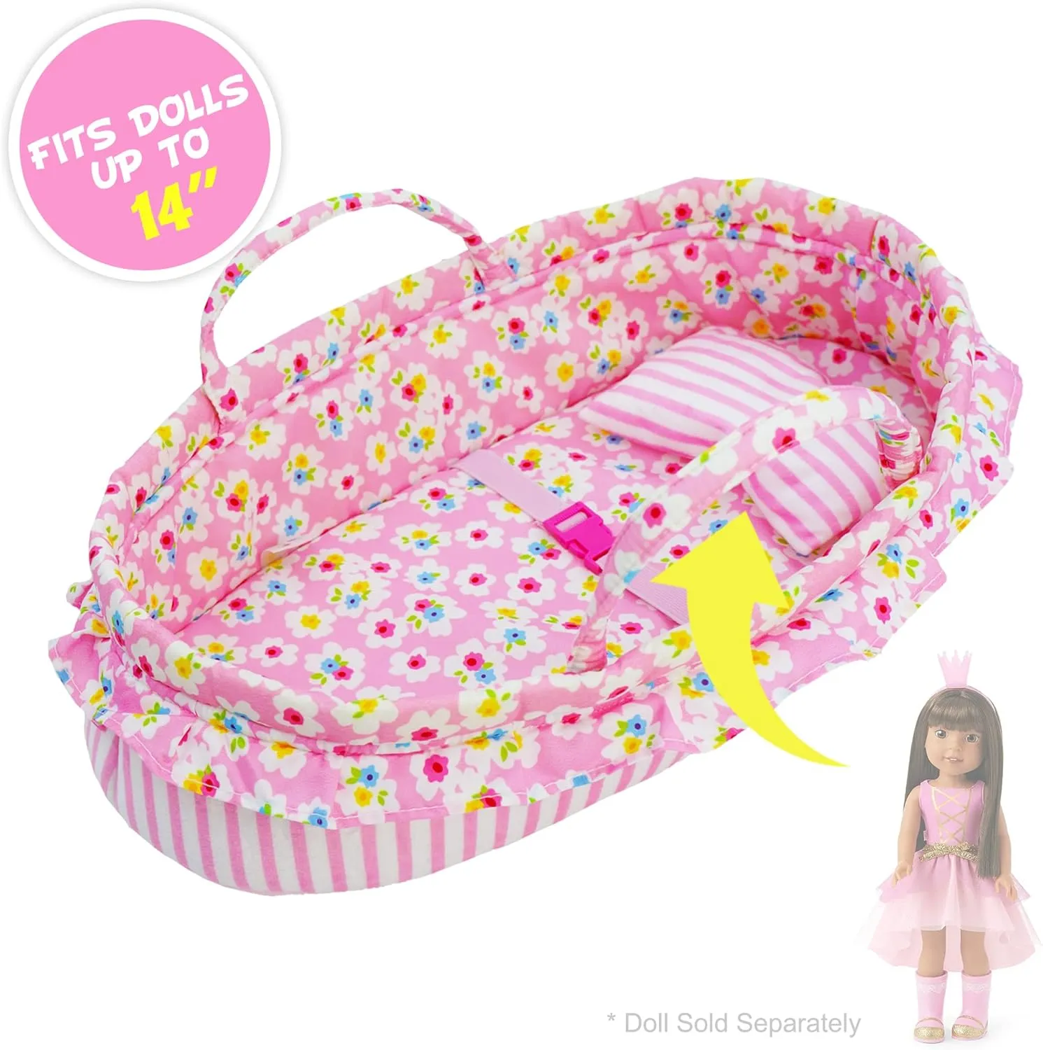 June Garden Cozy Dream Doll Bassinet - Baby Doll Portable Carrier - Fits for American Girl Dolls up to 14" - Soft Pillow & Safety Buckle Included