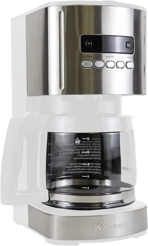 Kenmore Coffee Maker 12 cup Drip Coffee Machine Reusable Filter Programmable Timer Digital Display Aroma Control Glass Carafe Charcoal Water Filter Regular Bold Stainless Steel and white