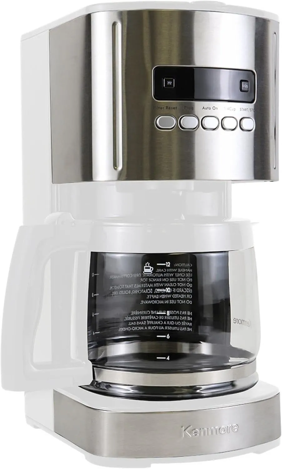 Kenmore Coffee Maker 12 cup Drip Coffee Machine Reusable Filter Programmable Timer Digital Display Aroma Control Glass Carafe Charcoal Water Filter Regular Bold Stainless Steel and white