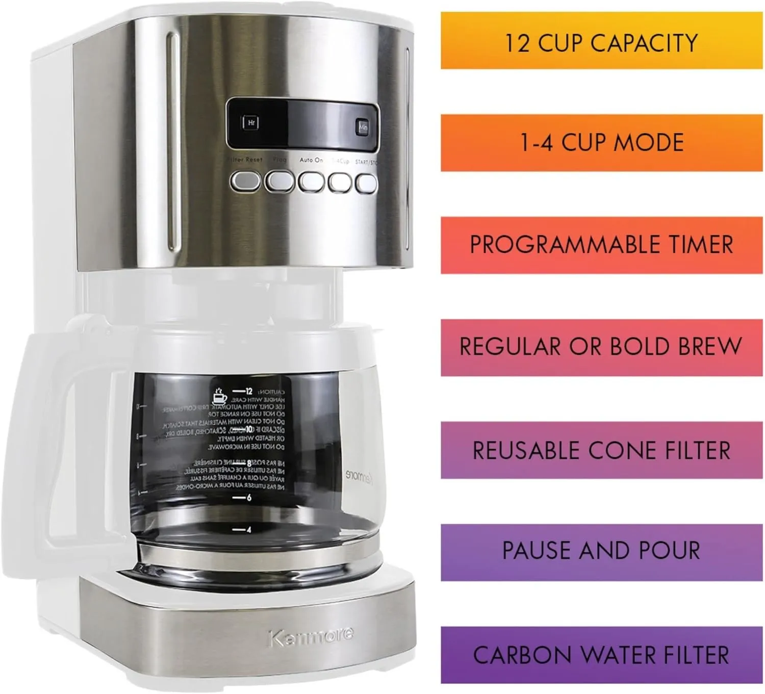 Kenmore Coffee Maker 12 cup Drip Coffee Machine Reusable Filter Programmable Timer Digital Display Aroma Control Glass Carafe Charcoal Water Filter Regular Bold Stainless Steel and white