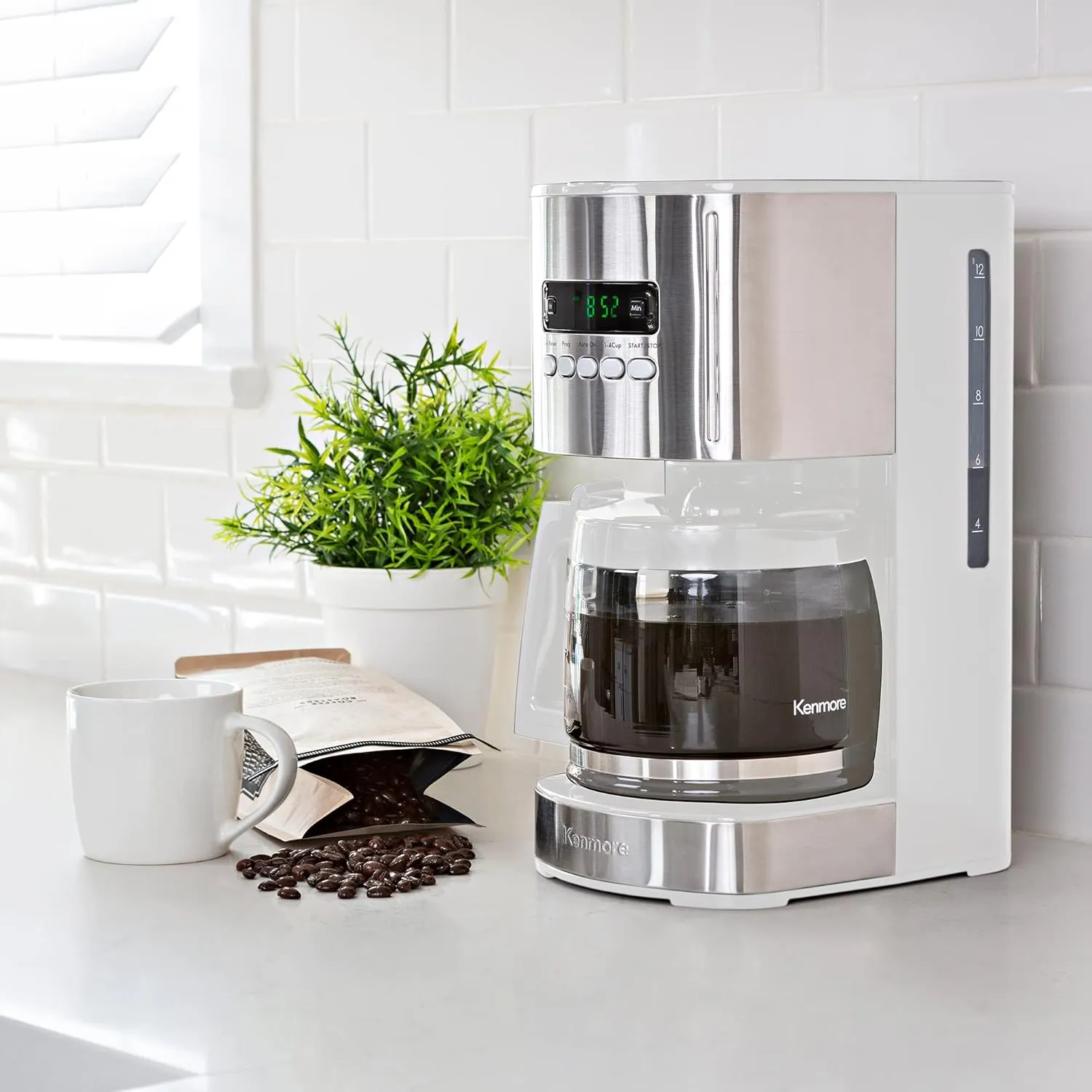 Kenmore Coffee Maker 12 cup Drip Coffee Machine Reusable Filter Programmable Timer Digital Display Aroma Control Glass Carafe Charcoal Water Filter Regular Bold Stainless Steel and white