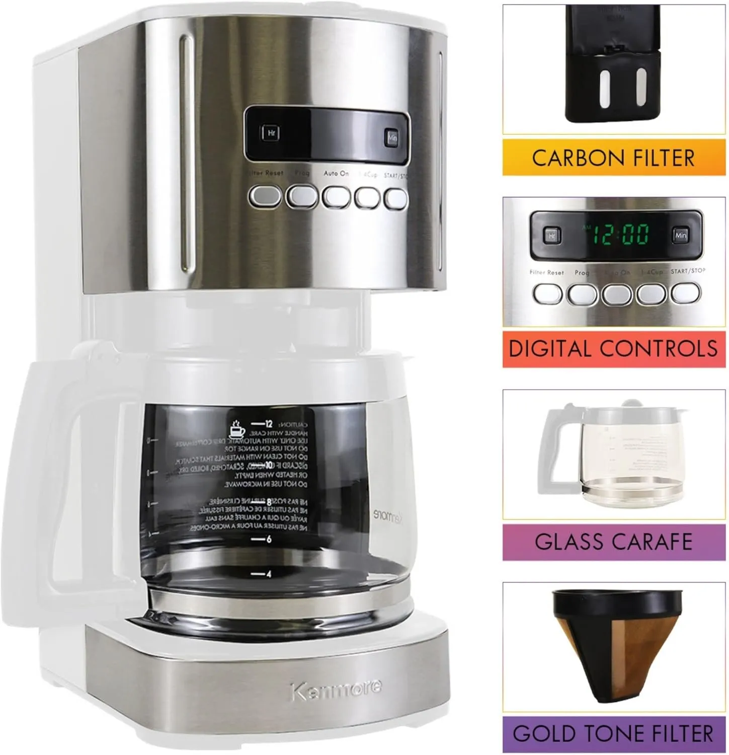 Kenmore Coffee Maker 12 cup Drip Coffee Machine Reusable Filter Programmable Timer Digital Display Aroma Control Glass Carafe Charcoal Water Filter Regular Bold Stainless Steel and white
