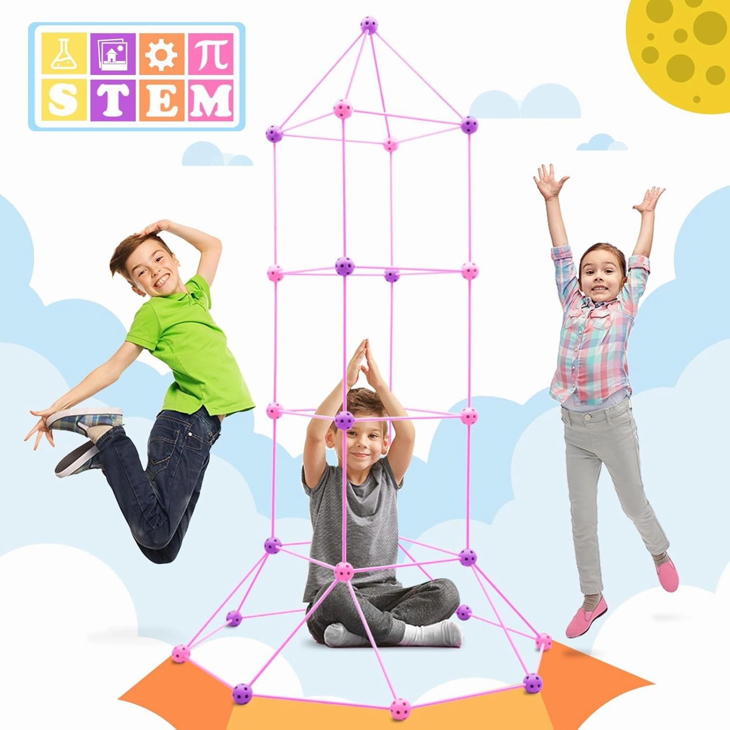 Kids Fort Building Kit 120 Pieces Construction STEM Toys for 5 6 7 8 9 10 11 12 Years Old Boys and Girls Ultimate Forts Builder Gift Build DIY Educational Learning Toy for Indoor Outdoor(Purple Pink)