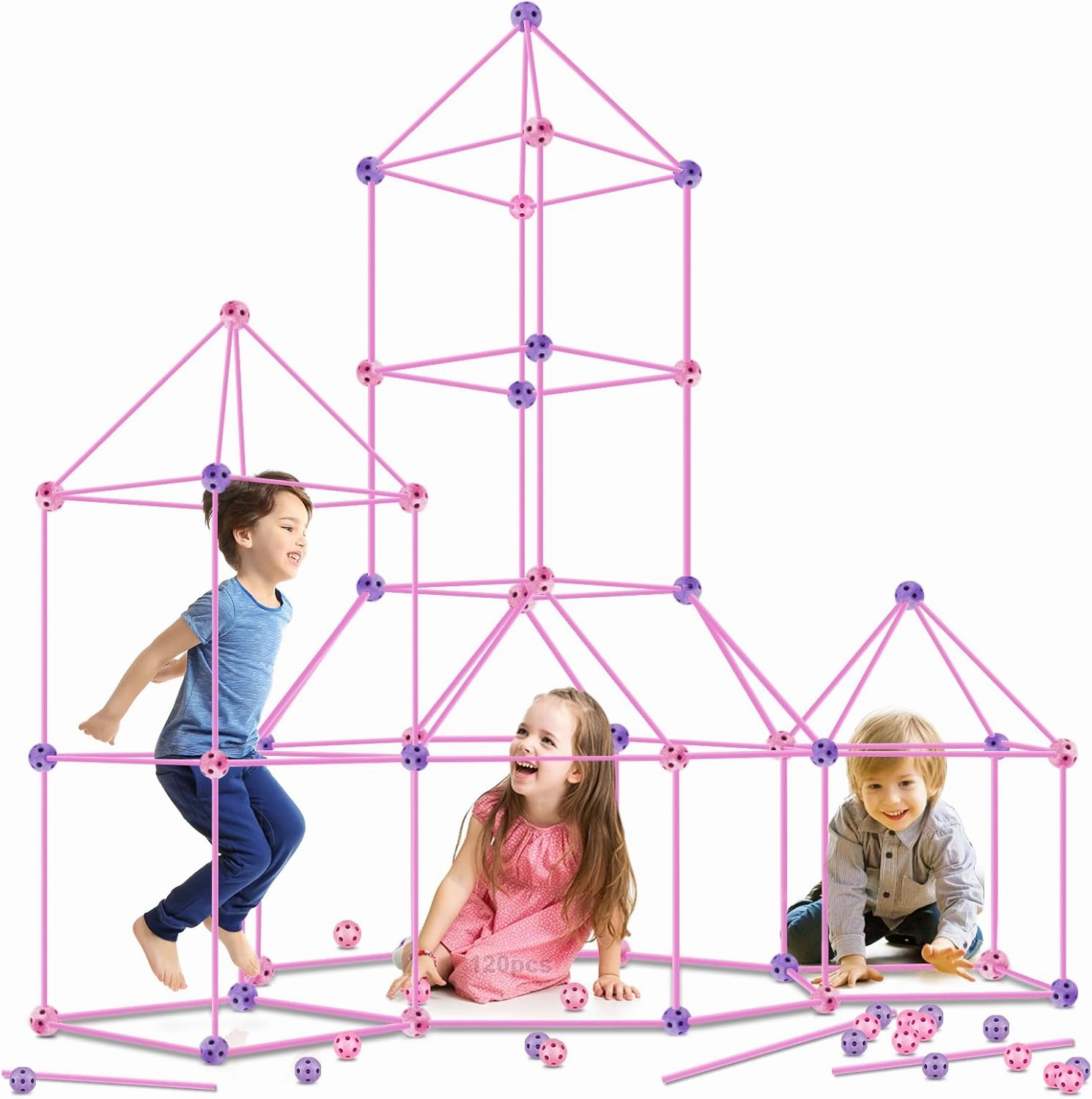Kids Fort Building Kit 120 Pieces Construction STEM Toys for 5 6 7 8 9 10 11 12 Years Old Boys and Girls Ultimate Forts Builder Gift Build DIY Educational Learning Toy for Indoor Outdoor(Purple Pink)