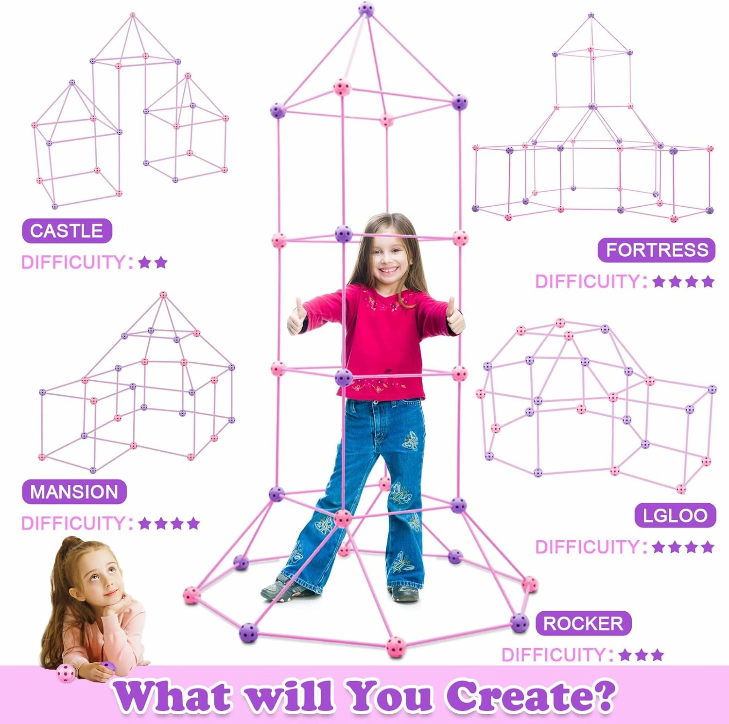 Kids Fort Building Kit 120 Pieces Construction STEM Toys for 5 6 7 8 9 10 11 12 Years Old Boys and Girls Ultimate Forts Builder Gift Build DIY Educational Learning Toy for Indoor Outdoor(Purple Pink)
