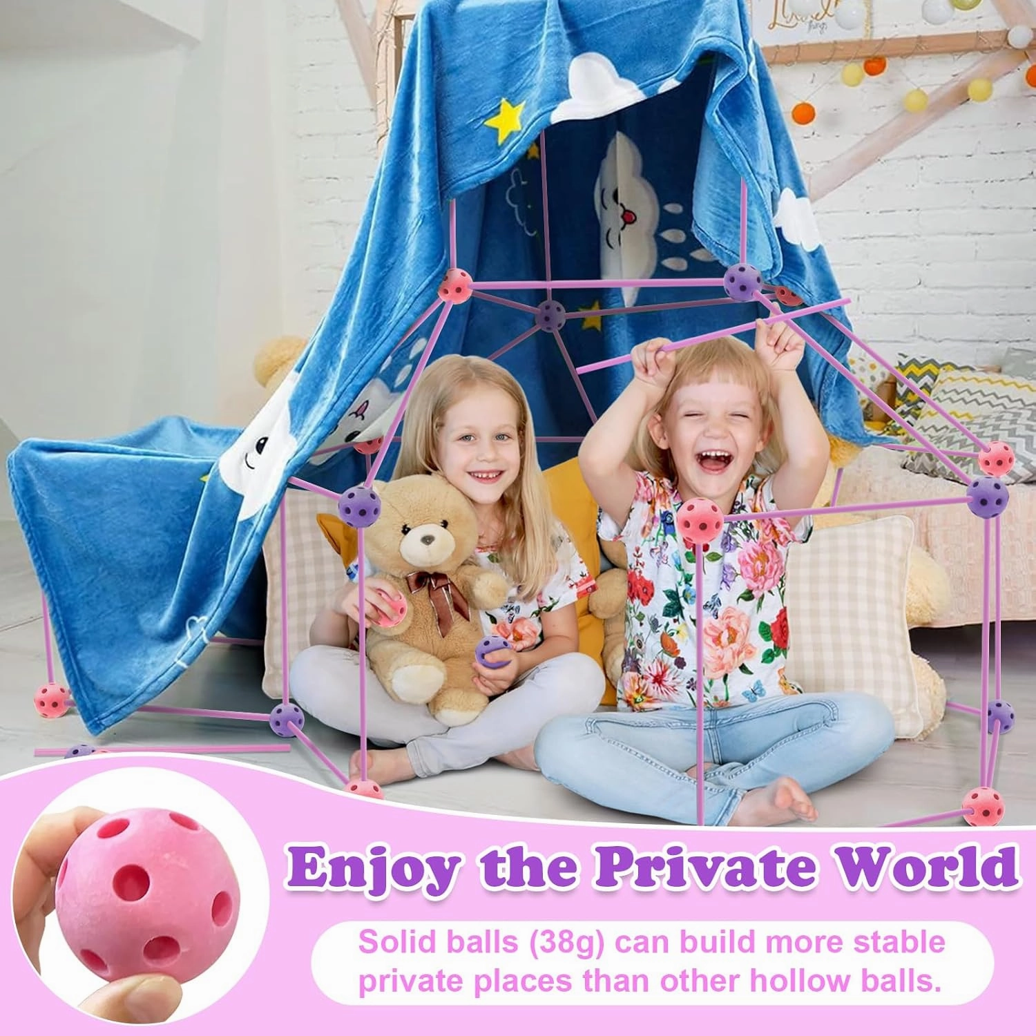 Kids Fort Building Kit 120 Pieces Construction STEM Toys for 5 6 7 8 9 10 11 12 Years Old Boys and Girls Ultimate Forts Builder Gift Build DIY Educational Learning Toy for Indoor Outdoor(Purple Pink)