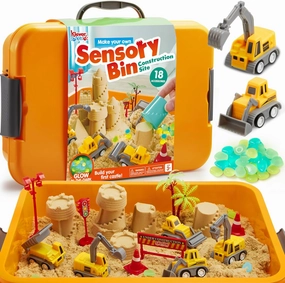 Klever Kits Construction Sensory Bin for Toddlers with Glow in The Dark Stones, Sandbox with Lid Castle Building kit, Preschool Learning Activities Gifts for Boys Girls Age 3 